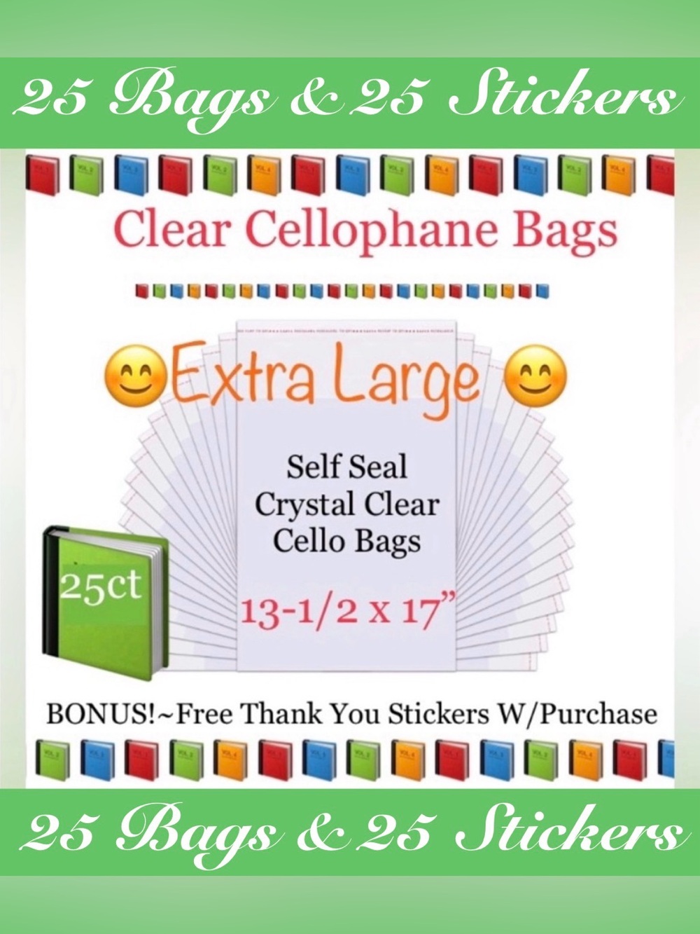 Ex-Large 25ct Clear Self Seal Cello Bags W/ Free Stickers 📕🆕📕